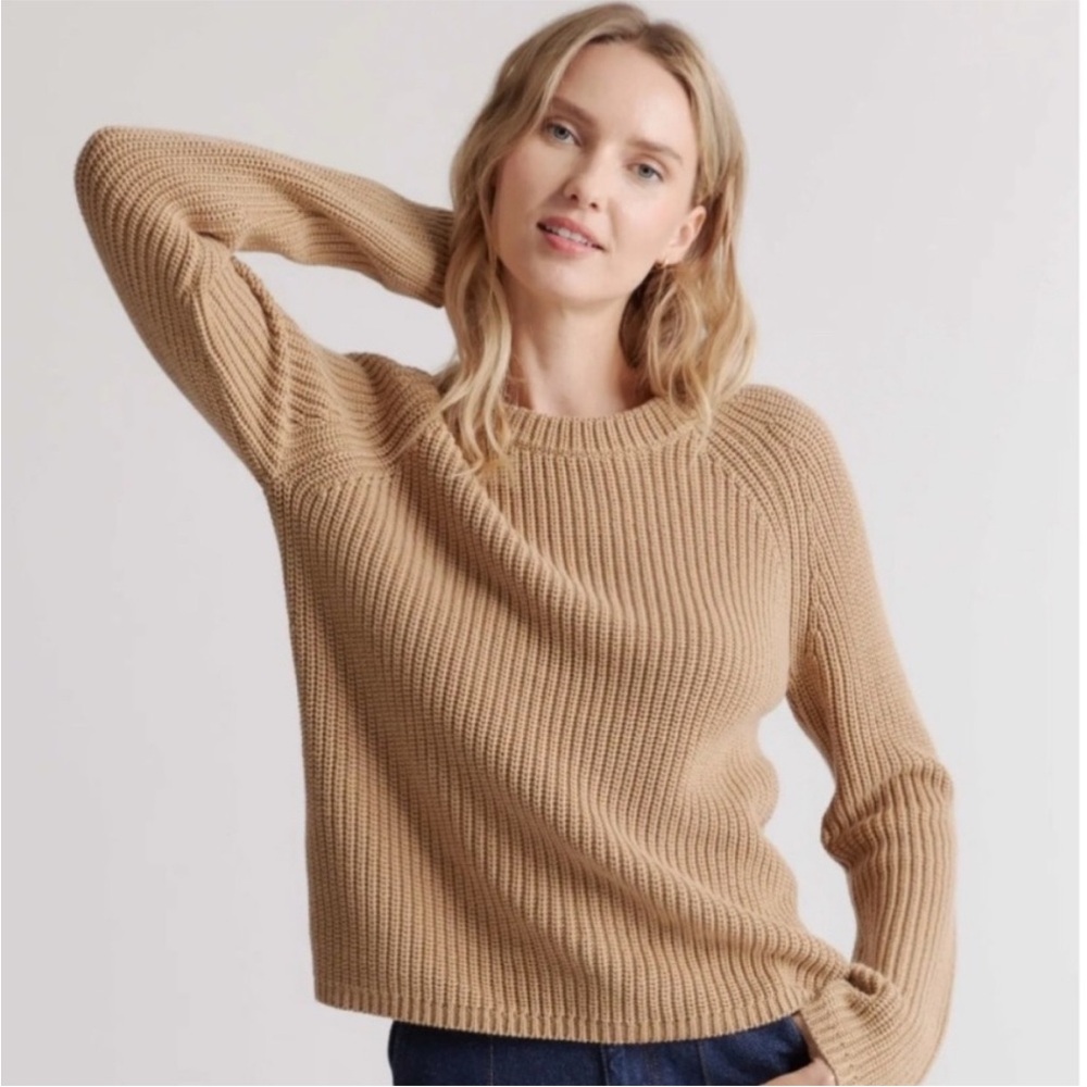 Quince tan organic cotton fisherman crewneck sweater. Size L